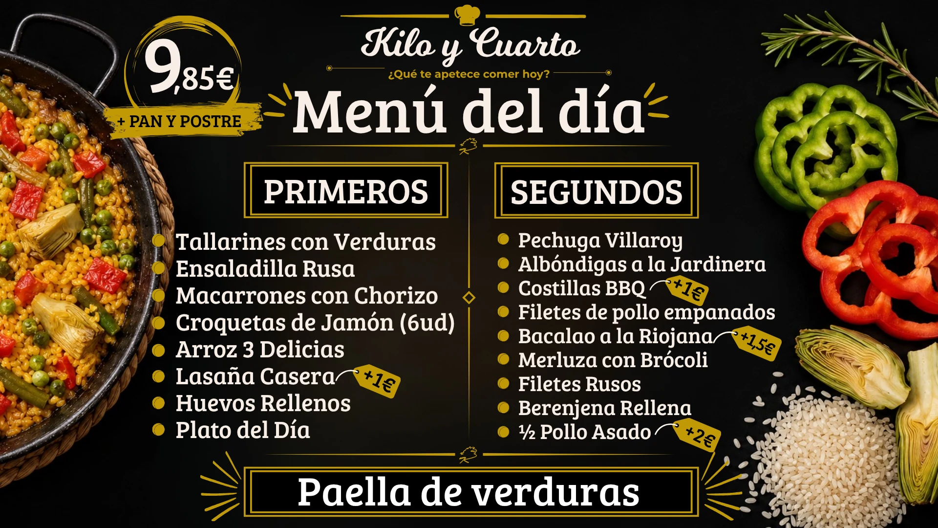 Cartel del menú del día de Kilo y Cuarto