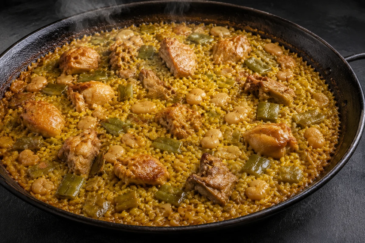 Paella valenciana con pollo y verduras