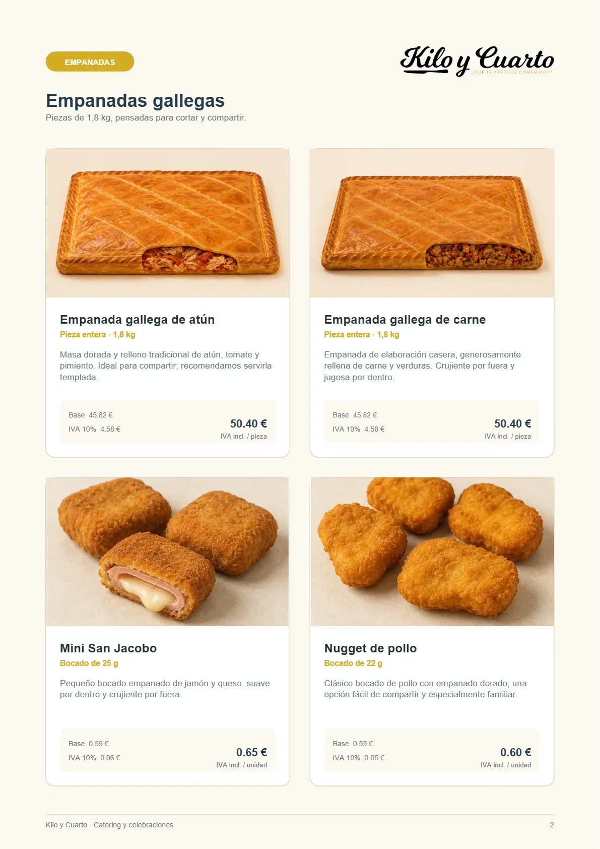 Página 2 del catálogo de catering de Kilo y Cuarto
