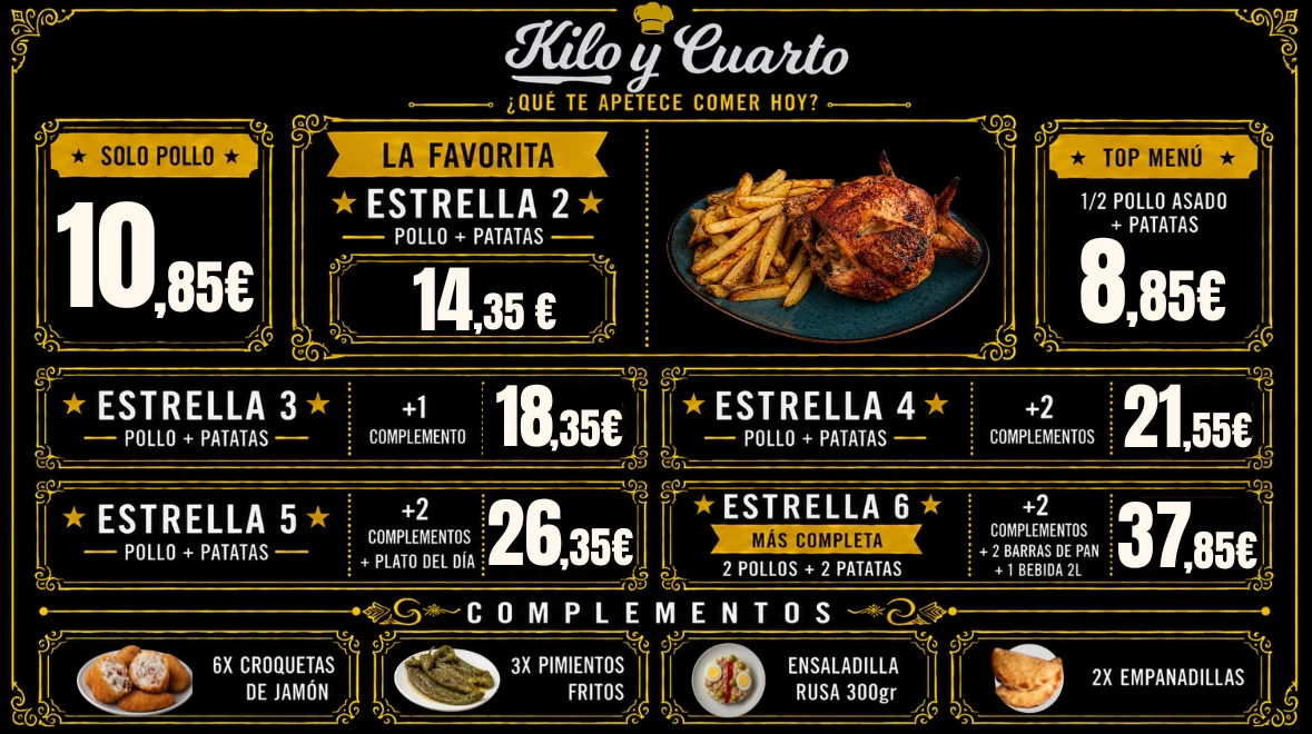 Oferta de pollo asado con complementos de Kilo y Cuarto